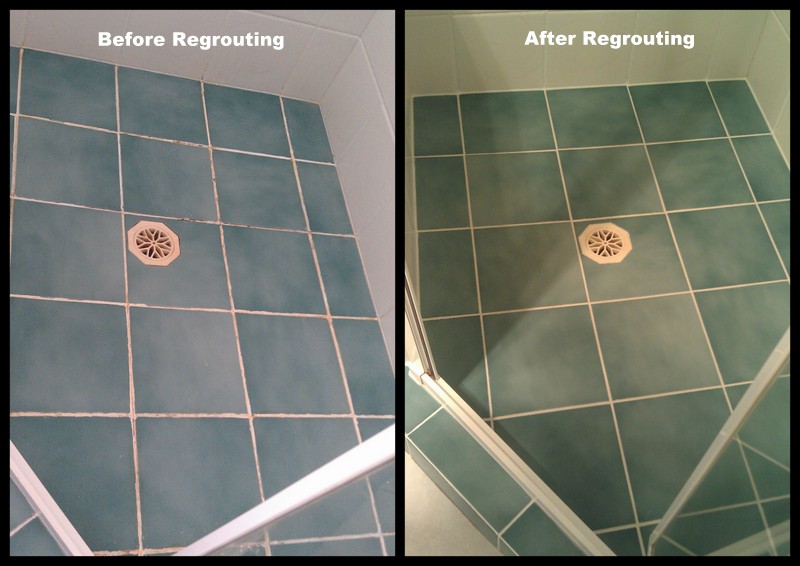 Photographs show the shower base before the Epoxy re-grout and after the re-grout has been completed.