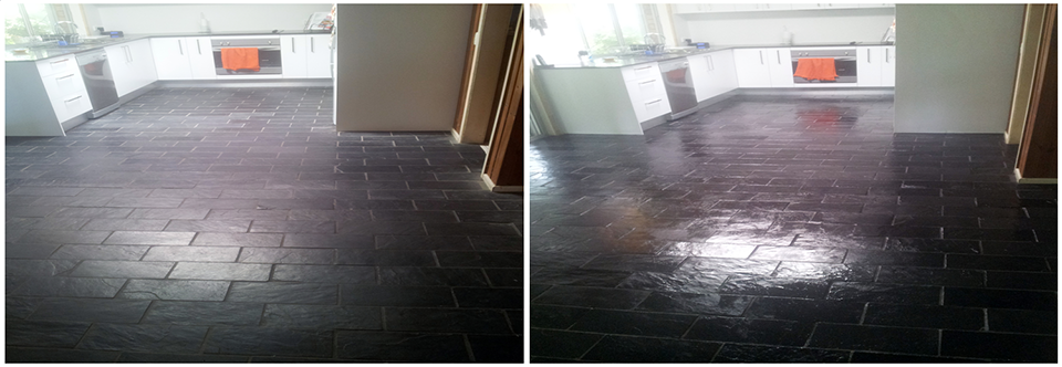 Photograph's show before and after slate tile floor and grout cleaning and sealing